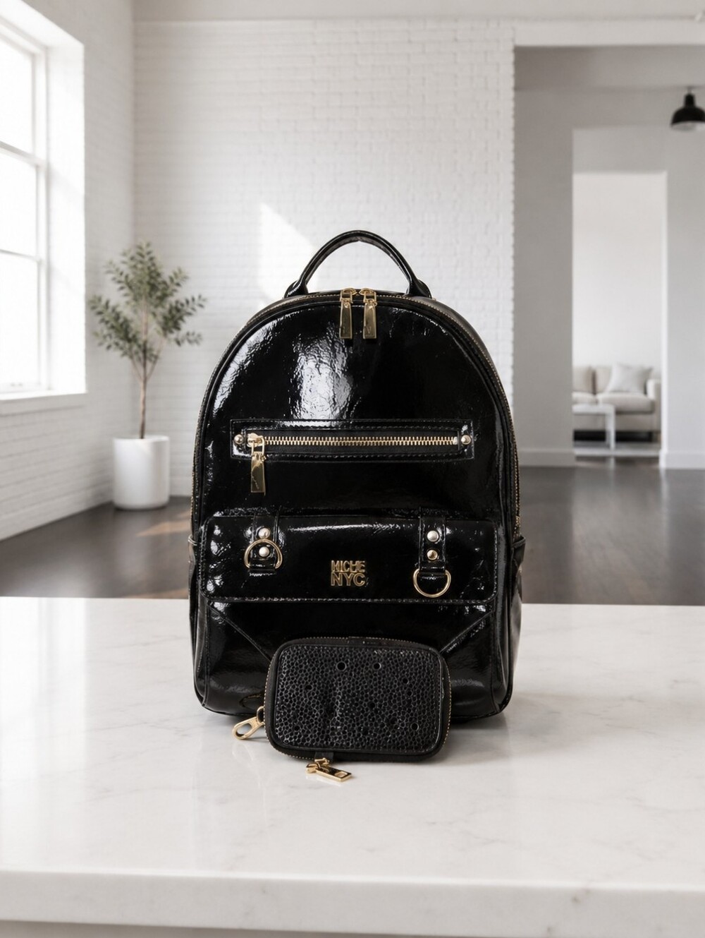 Steve Madden Black Patent Mini Backpack